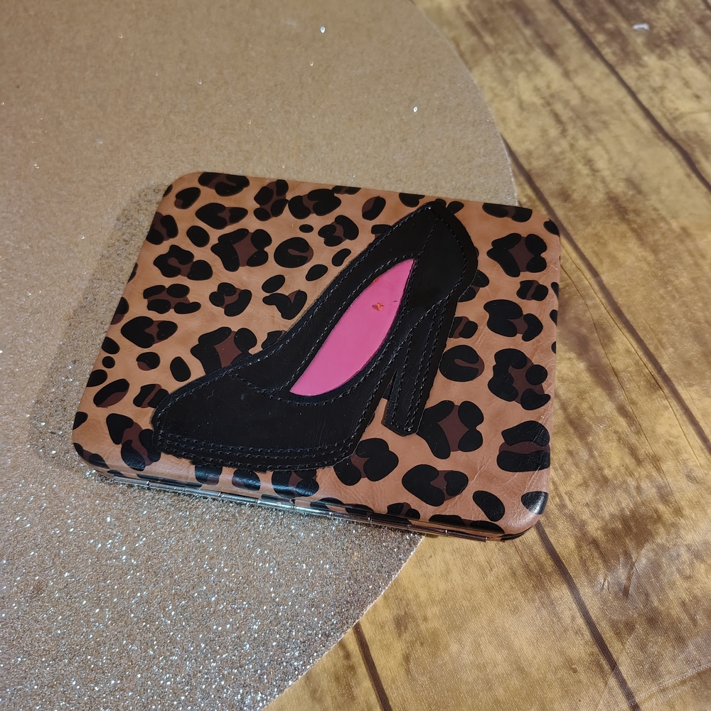 Target Leopard Print Compact Wallet with Black High Heel and Pink Accent